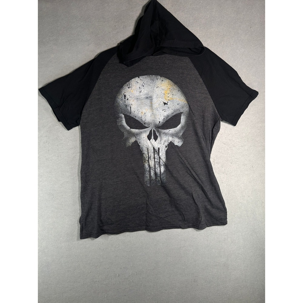 Marvel Punisher Skull Hooded Raglan T-Shirt Mens 2XL Charcoal Black Graphic Tee